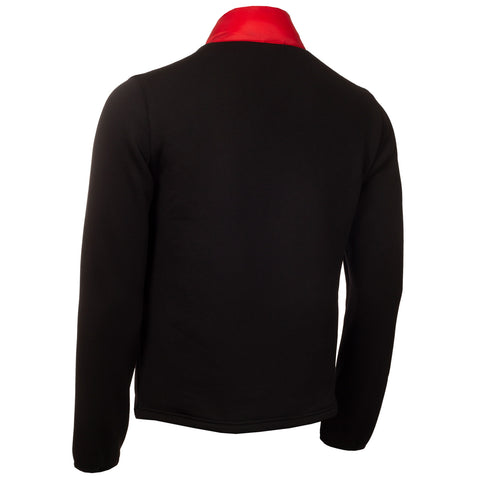 A black long-sleeve jacket with a red collar is displayed facing away from the viewer showcasing its sleek design and contrasting colors in a plain background.