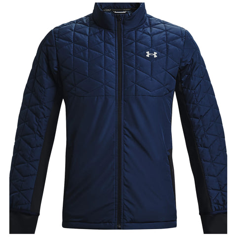 A navy blue quilted jacket is displayed in a frontal view featuring a high collar and a zipper down the front with black side panels and the Under Armour logo on the chest.