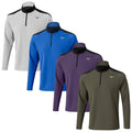 Four long-sleeve half-zip shirts are displayed in a row featuring colors of white blue purple and olive green with black accents and a logo on the left chest area.