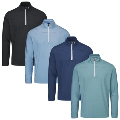 Four long-sleeve pullovers are displayed in a row featuring high collars and quarter zips in varying colors of black light blue navy blue and teal suggesting a casual yet stylish apparel choice.