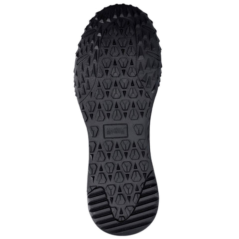 A black shoe sole features a rugged tread pattern designed for traction The sole is positioned flat against a neutral background suggesting potential use in outdoor or active environments