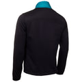 A black long-sleeve jacket with a turquoise collar is positioned upright showcasing its back view in a neutral setting with no visible background elements.