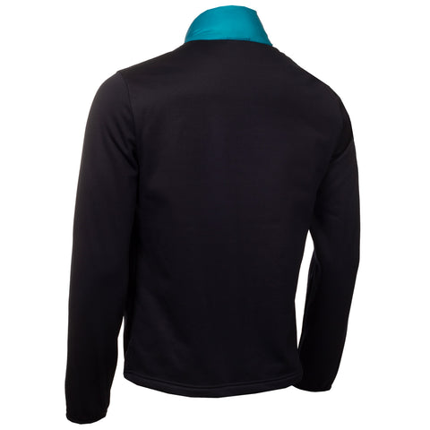 A black long-sleeve jacket with a turquoise collar is positioned upright showcasing its back view in a neutral setting with no visible background elements.