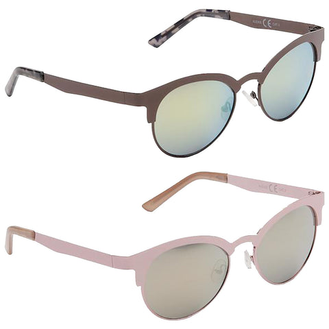 Eyelevel Ladies Alexis Sunglasses Two pairs of sunglasses are displayed with a stylish design featuring mirrored lenses the top pair is brown and the bottom pair is pink both with unique frames