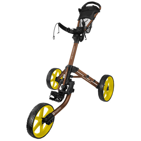 A golf push cart with a brown frame and yellow wheels is positioned upright showcasing its handle and wheels in a clear environment designed for transporting golf clubs and equipment.