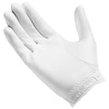 A white leather glove is displayed with fingers slightly spread showcasing its smooth surface and perforated sections for breathability in an isolated setting.