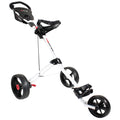 A golf push cart with three wheels stands upright featuring a handle and a seat for a golf bag the white frame contrasts with the black wheels and accents