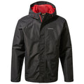 A black waterproof jacket features a red interior and a hood providing protection against rain in outdoor settings such as hiking or casual wear while ensuring comfort and style.