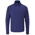 A navy blue long-sleeve pullover features a zippered collar with a striped inner lining and contrasting side seams designed for casual or athletic wear in various environments.