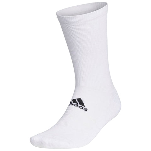 A white athletic sock stands upright displaying a black Adidas logo on the side its smooth fabric suggests comfort and breathability suitable for sports or casual wear.