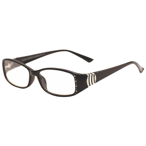 Black glasses with a stylish design featuring decorative elements on the arms rest on a flat surface showcasing their elegant appearance and clear lenses ready for use.