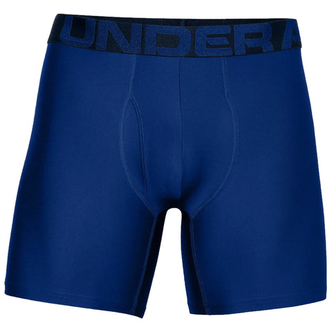 A pair of navy blue men's boxers is displayed with a black waistband featuring the word UNDER. The fabric has a smooth texture and a snug fit suitable for everyday wear.