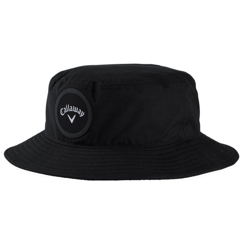 A black bucket hat is displayed resting flat featuring a round patch with the word Callaway and a logo on the front highlighting a casual outdoor fashion accessory.