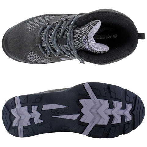 A pair of gray hiking shoes with mesh panels and sturdy soles is displayed from a top-down view showing the laces and padded collar highlighting a durable design for outdoor activities.