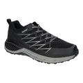 A black athletic shoe features a mesh upper with reflective accents laces and a textured sole designed for traction suitable for outdoor activities on various terrain surfaces.