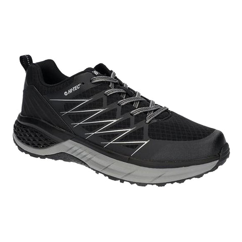 A black athletic shoe features a mesh upper with reflective accents laces and a textured sole designed for traction suitable for outdoor activities on various terrain surfaces.