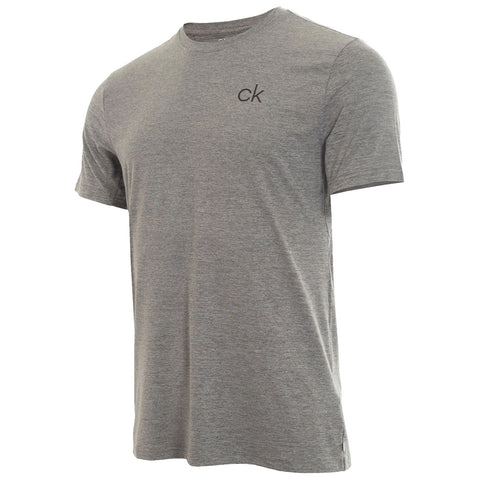 Gray t-shirt is displayed upright showcasing its short sleeves and round neckline with a small black logo on the chest while set against a plain background.