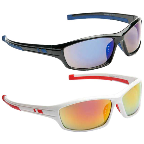 Two pairs of sunglasses are displayed with one above the other. The top pair is black with blue accents while the bottom pair is white with red accents. Both have mirrored lenses.