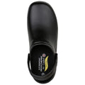 A black slip-resistant clog is displayed from above showcasing its smooth surface a strap at the heel and an air-cooled insole labeled Arch Fit visible inside the shoe.