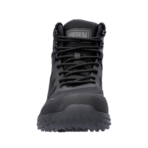 A black tactical boot stands upright displaying reinforced toe and textured sole emphasizing durability and traction in outdoor or rugged environments suitable for various terrains and conditions.