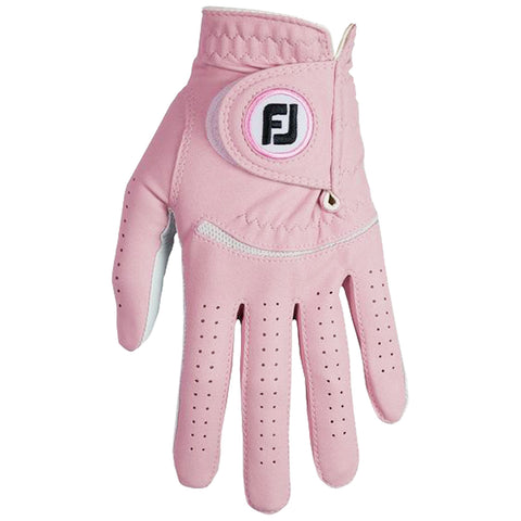 A pink golf glove is displayed with an adjustable wrist strap featuring a logo. The glove's palm has perforations for breathability and is designed for grip during gameplay.