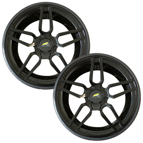 Two black alloy wheels with a multi-spoke design are displayed side by side highlighting their sleek appearance and a central logo featuring a stylized letter R against a yellow background.