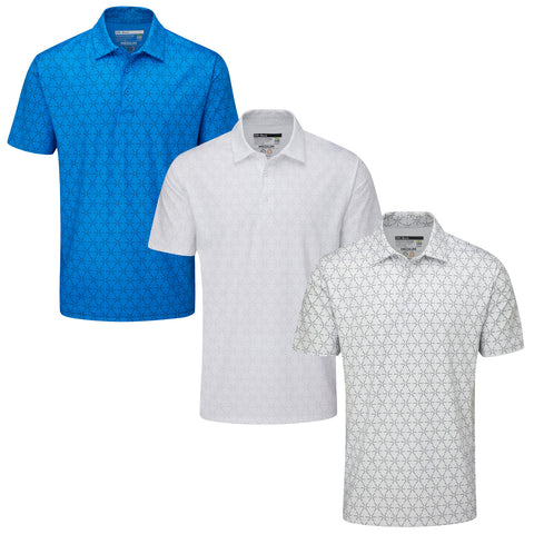 Three short-sleeved polo shirts are displayed side by side featuring a blue shirt with a geometric pattern a white shirt with a similar pattern and a white shirt with a subtle grey pattern.