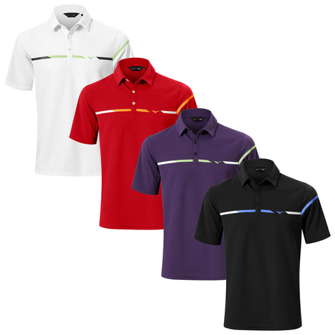 Four polo shirts of varying colors—white, red, purple, and black—display horizontal stripes and a modern design, arranged side by side against a plain white background.