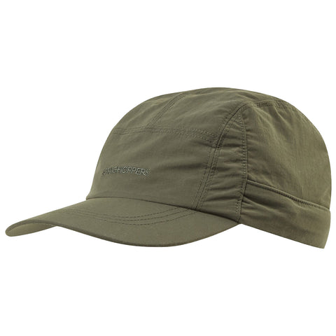 A green hat with a curved brim and stitched detailing sits upright showcasing its fabric and design. The brand name "CRAGHOPPERS" is subtly embroidered on the front.