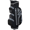 Ben Sayers Hydra Pro Waterproof Cart Bag Three golf bags are displayed side by side featuring a combination of colors including gray and black with blue accents. Each bag has multiple zippers and pockets for storage.