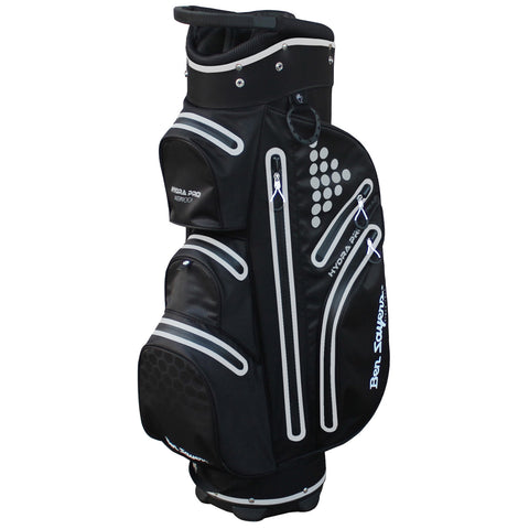 Ben Sayers Hydra Pro Waterproof Cart Bag Three golf bags are displayed side by side featuring a combination of colors including gray and black with blue accents. Each bag has multiple zippers and pockets for storage.