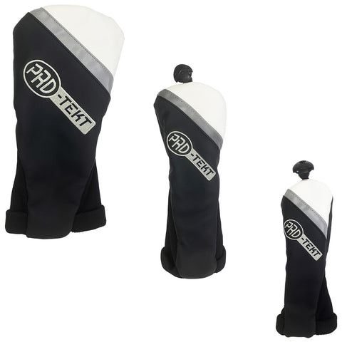 A golf club headcover is displayed in various angles the cover is primarily black with white and silver detailing featuring a logo on the side designed to protect the club head.