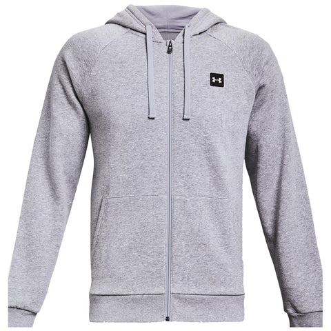 A gray zip-up hoodie is displayed with a hood and drawstrings featuring a small logo on the front left side it has two front pockets and ribbed cuffs and hem