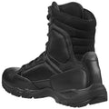 A black tactical boot stands upright showcasing its textured leather and mesh design with reinforced ankle support and a rugged sole suitable for outdoor activities and various terrains.