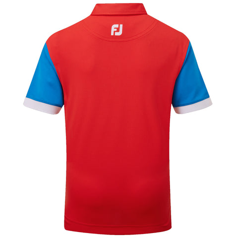 A red short-sleeved polo shirt with blue sleeves and white accents hangs centrally. The collar is styled, and the back displays a logo at the neckline.