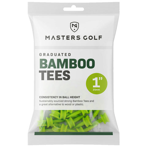 A transparent plastic bag contains green bamboo golf tees designed for consistency in ball height the bag displays the text Masters Golf Graduated Bamboo Tees 1 inch 25mm and additional product information.