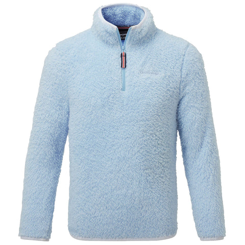 A light blue fleece pullover with a half zip is displayed with fluffy texture and a high collar in a neutral setting ideal for casual or outdoor wear