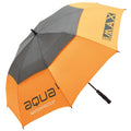 An orange and gray waterproof umbrella is open displaying its large canopy while resting on a black handle in a neutral background setting suitable for outdoor use.