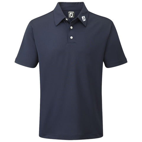 A navy blue polo shirt is displayed with a collar and three buttons down the front featuring an embroidered logo on the collar. The shirt is designed for casual or athletic wear. 