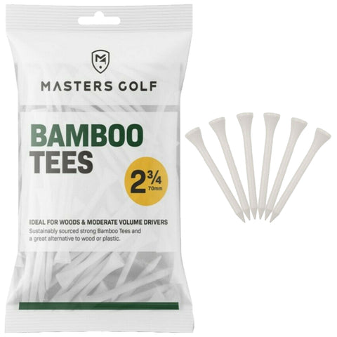 A clear bag labeled Masters Golf contains bamboo golf tees with a measurement of 2¾ inches alongside several tees displayed in front ideal for woods and moderate volume drivers.