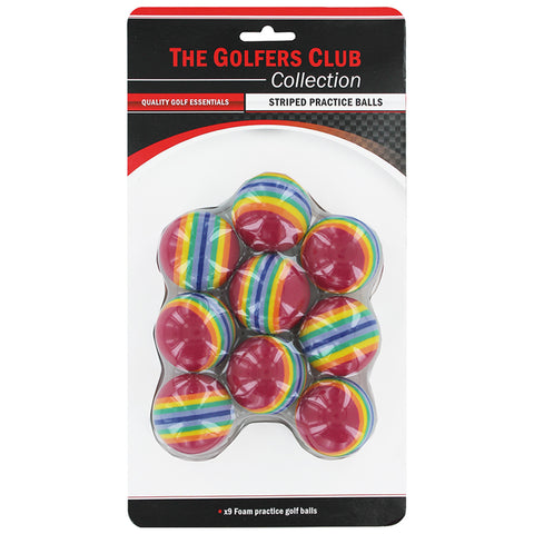 Nine striped foam practice golf balls are arranged in a molded plastic packaging showing vibrant colors including red yellow and blue with the label stating quality golf essentials from The Golfers Club Collection.