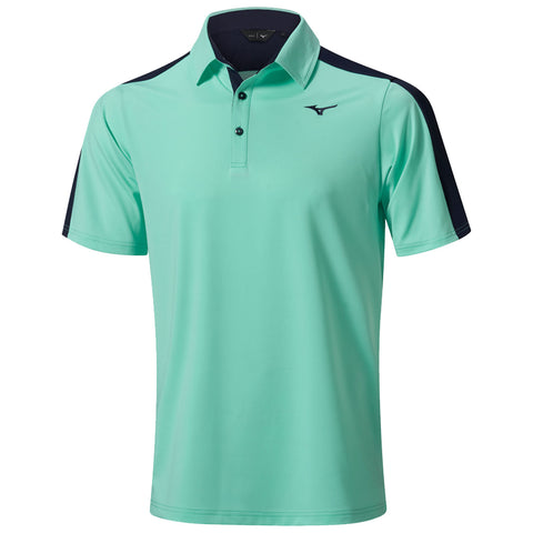 A mint green polo shirt is displayed featuring a collar and short sleeves with navy blue accents on the shoulders. The design includes a logo on the chest area.