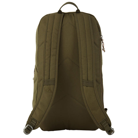 A green backpack stands upright featuring padded straps and a top handle creating a functional design suitable for carrying books or supplies in various settings such as school or travel.