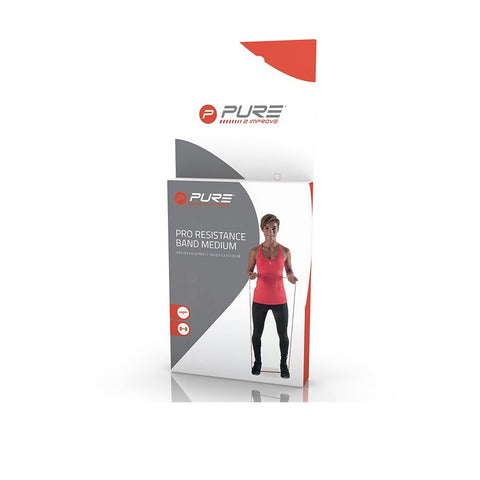 Cardboard packaging features a woman in athletic wear demonstrating a resistance band exercise inside a modern design with a logo and product information prominently displayed. Text reads PRO RESISTANCE BAND MEDIUM.