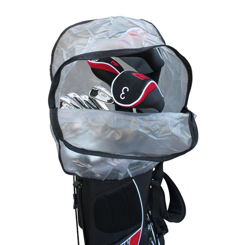 A golf bag sits upright with a transparent top unzipped. Inside, several golf clubs are organized, including a club with a numbered headcover, in a structured compartment.