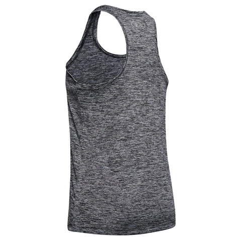 A gray athletic tank top features a racerback design with a textured fabric pattern. It stands alone against a white background, displaying its sleeveless style for activewear use.