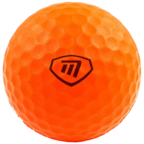 A bright orange ball with a textured surface sits prominently featuring a black logo in the center against a simple light background with no additional context or objects surrounding it.