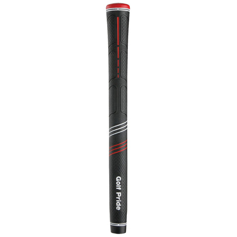 A golf club grip is displayed vertically featuring a textured black surface with red and white accents and the text Golf Pride near the bottom indicating its brand and purpose.