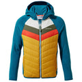 A blue zip-up hoodie features a colorful patterned front with orange yellow green and white sections designed for warmth and style suitable for outdoor activities and casual wear.