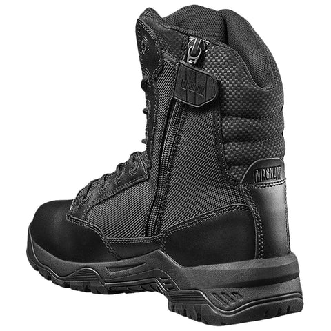 A black tactical boot is positioned upright showcasing a textured fabric and leather design with a side zipper and logo prominently displayed on the ankle region.